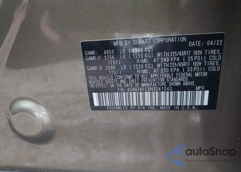 2022 Subaru Outback Premium из США, поврежденный, VIN 4S4BTAFC0N3241243